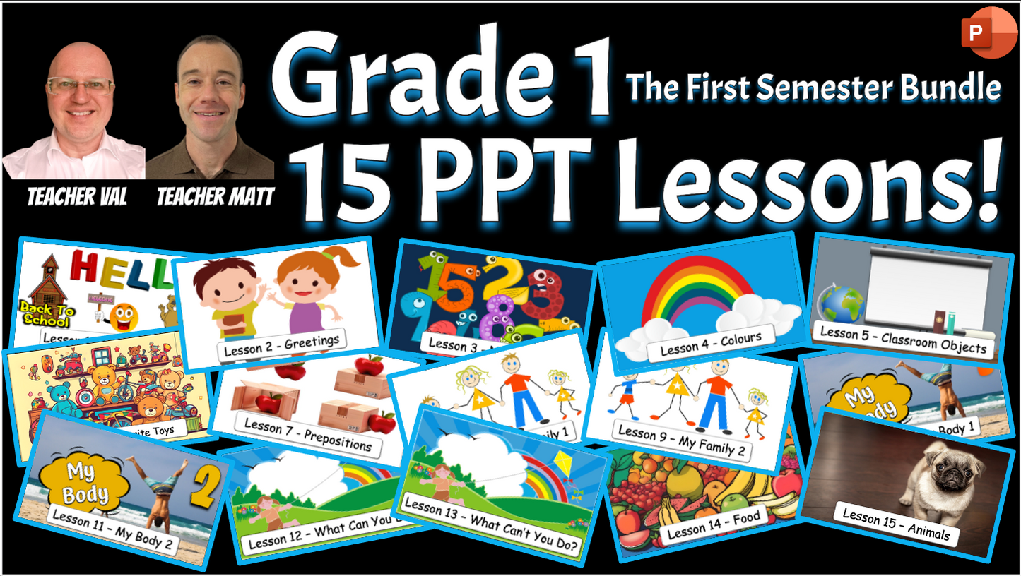Grade 1 - Semester 1 - 15 PowerPoint Lessons BUNDLE! - ESL PowerPoints