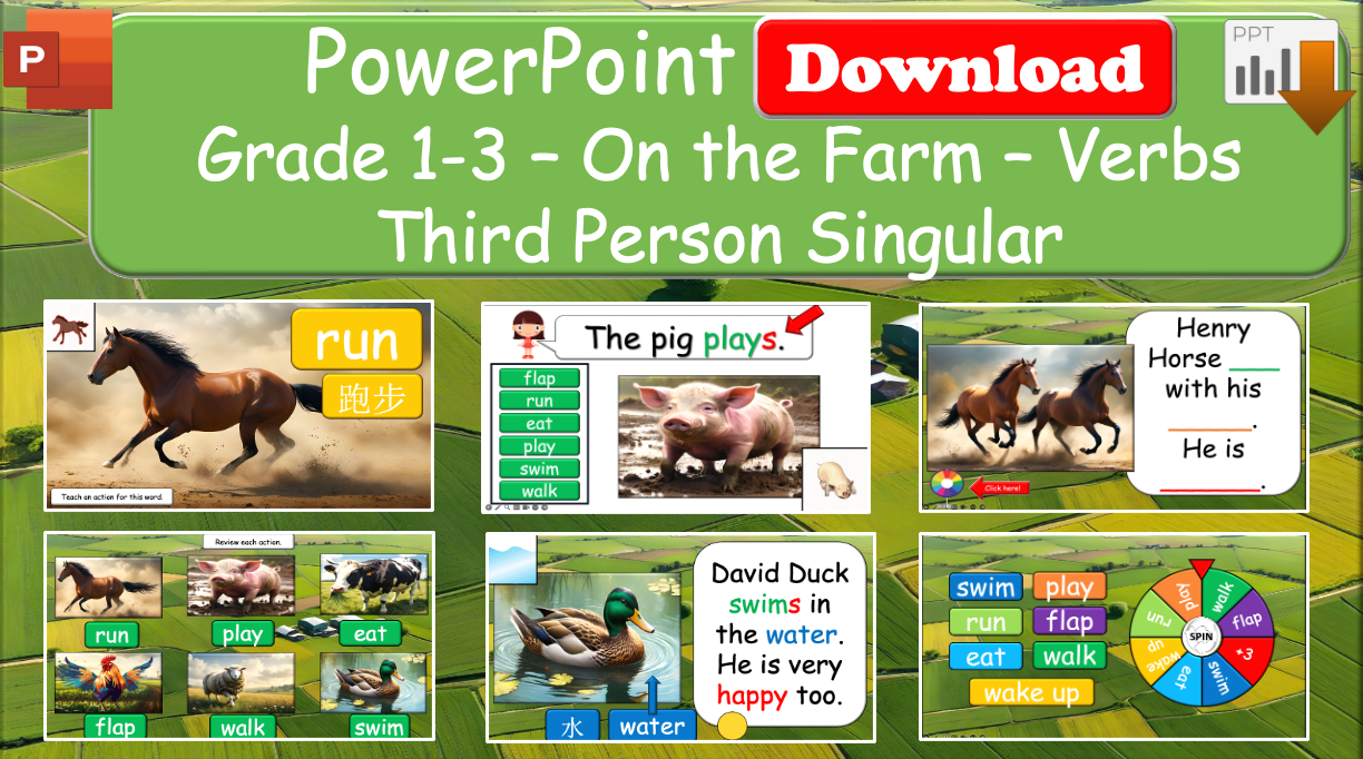 Grade 1-3 - ESL Lesson - On the Farm - Verbs - Third Person Singular - PowerPoint Lesson