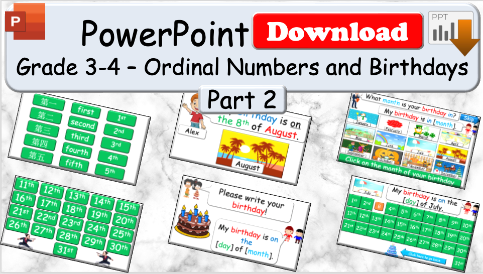 Grade 3-4 - ESL Lesson - Months/Ordinal Numbers/Birthdays - Part 1 and 2 - PowerPoint Lessons