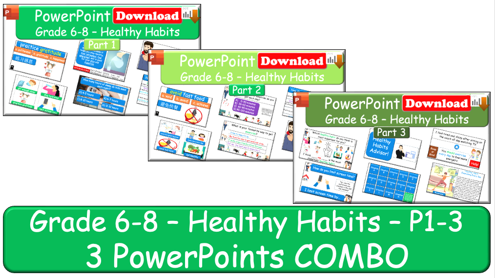 Grade 6-8 - ESL Lesson - Healthy Habits - Part 1, 2, and 3 - COMBO Bundle DEAL - 3 PowerPoints