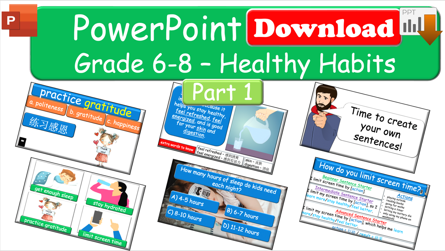 Grade 6-8 - ESL Lesson - Healthy Habits - Part 1, 2, and 3 - COMBO Bundle DEAL - 3 PowerPoints