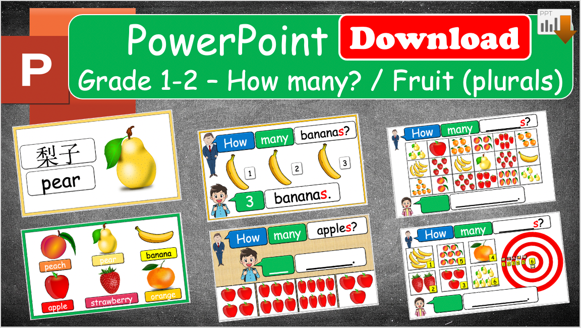 Grade 1-2 - ESL Lesson - How many? / Fruit (Plurals) - PowerPoint Lesson