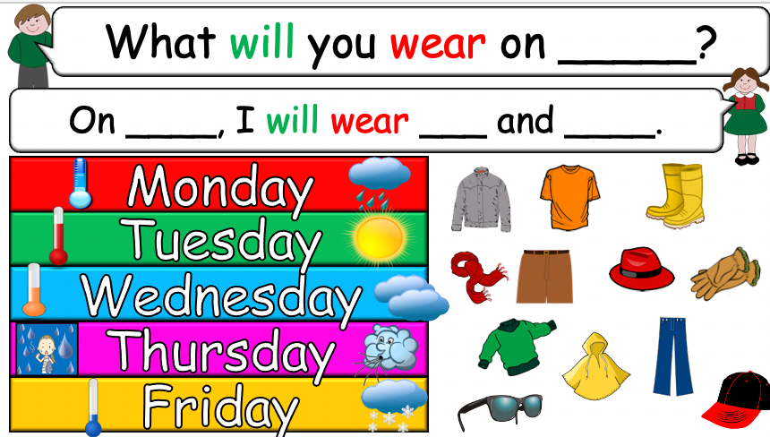 Grade 2-3 - ESL Lesson - Clothing/What will you wear? - PowerPoint Lessomn