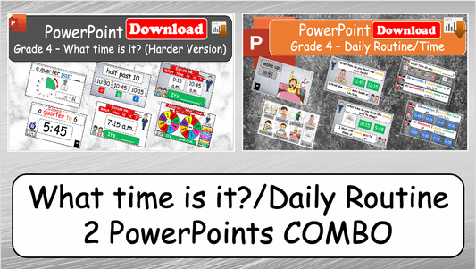 Grade 4 - ESL Lesson - What time is it? (Harder Version) / Daily Routine - COMBO Deal - 2 PowerPoints