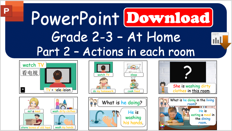 Grade 2-3 - ESL Lesson - At Home - Part 2 - Actions in each room