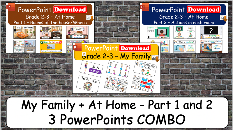 Grade 2-3 - ESL Lesson - My Family + At Home - Part 1 and 2 - 3 PowerPoint COMBO