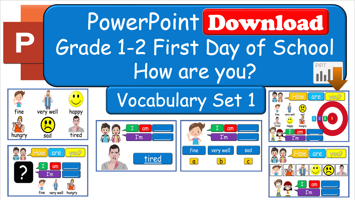 Grade 1-2 - ESL Lesson - First Day of School / How are you? Vocabulary Set 1 and 2 COMBO - 2 PowerPoint Lessons