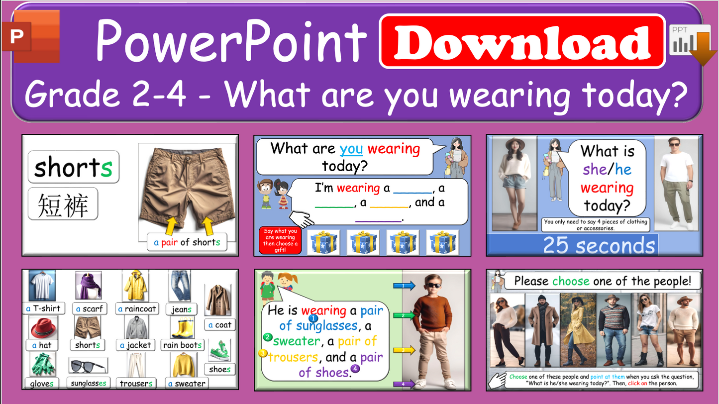 Grade 2-4 - ESL Lesson - Clothing / What are you wearing today? - PowerPoint Lesson
