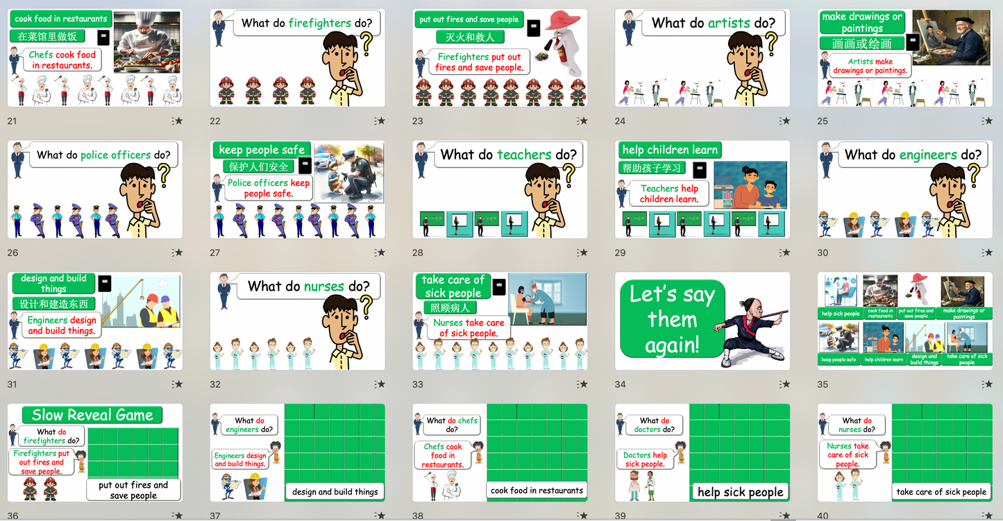 Grade 4-5 - ESL Lesson - Jobs - Part 2 - Using do/does and verbs - PowerPoint Lesson