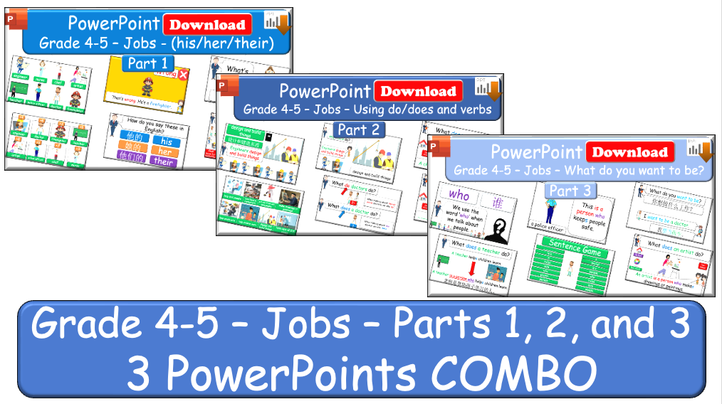 Grade 4-5 - ESL Lesson - Jobs - Part 1, 2, and 3 - COMBO Bundle DEAL - 3 PowerPoints