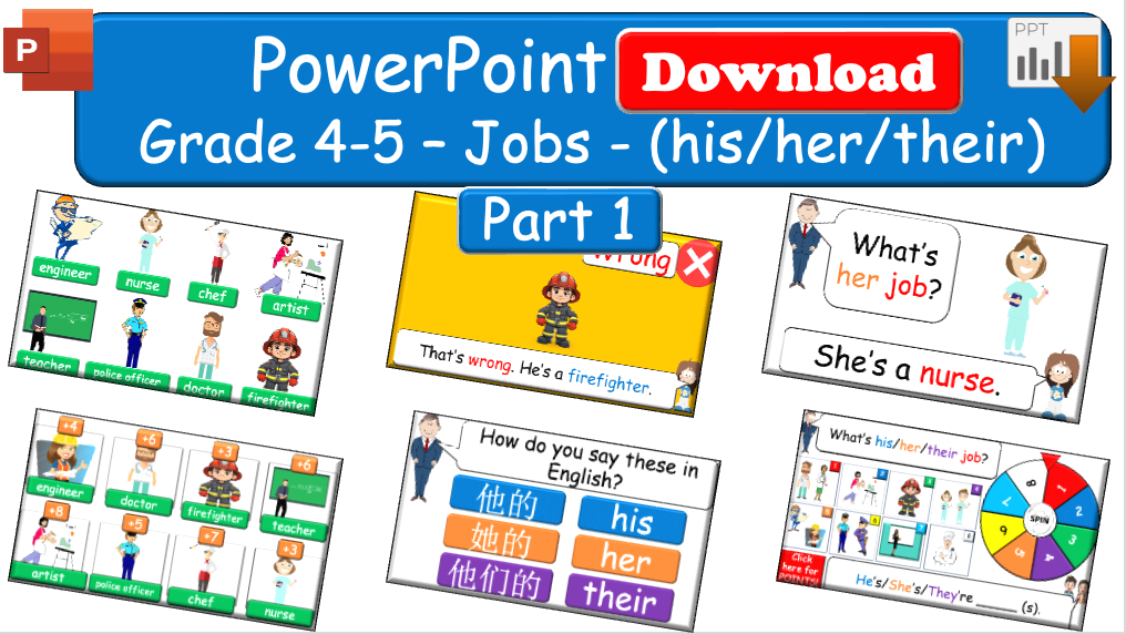 Grade 4-5 - ESL Lesson - Jobs - Part 1 - (his/her/their) - PowerPoint Lesson