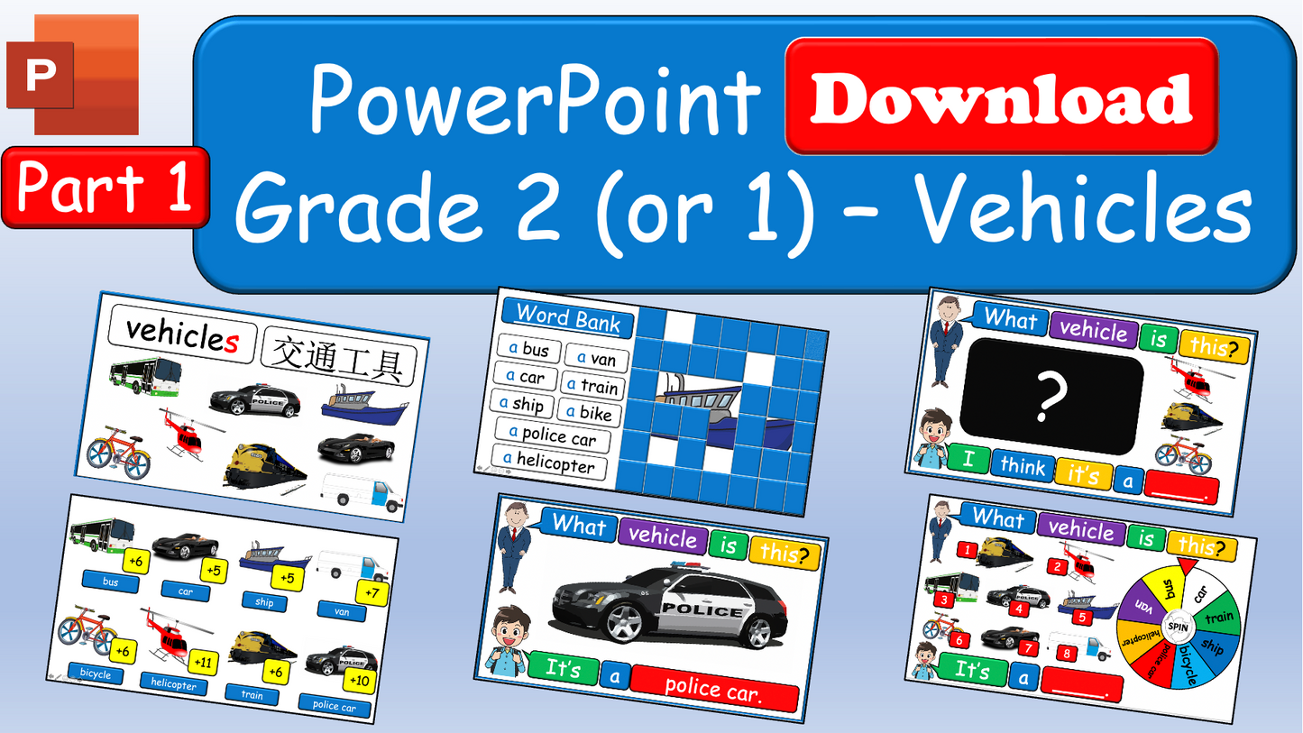 Grade 2 (or 1) - ESL Lesson - Vehicles - Part 1 and 2 - Sounds - What can you hear? - COMBO - PowerPoint Lessons