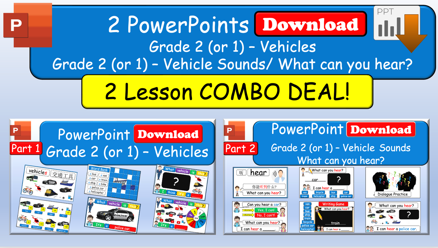 Grade 2 (or 1) - ESL Lesson - Vehicles - Part 1 and 2 - Sounds - What can you hear? - COMBO - PowerPoint Lessons
