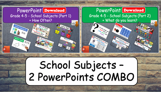 Grade 4-5 - ESL Lesson - School Subjects (Part 1+2) COMBO Deal! 2 PowerPoint Lessons