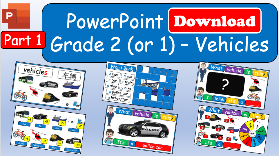Grade 2 (or 1) - ESL Lesson - Vehicles - Part 1 - PowerPoint Lesson