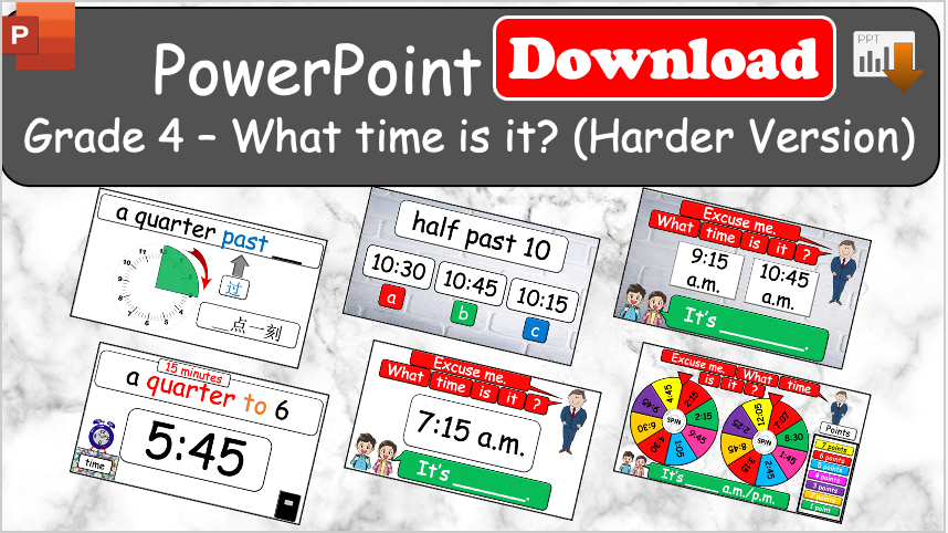 Grade 4 - ESL Lesson - What time is it? (Harder Version) / Daily Routine - COMBO Deal - 2 PowerPoints