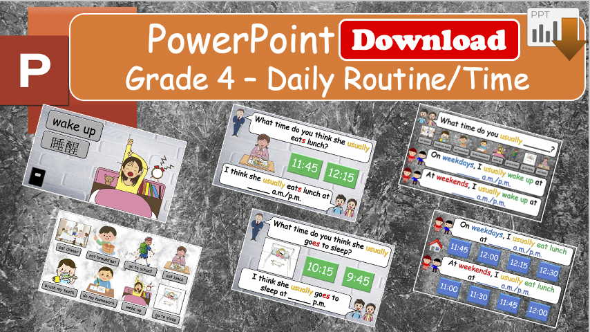 Grade 4 - ESL Lesson - What time is it? (Harder Version) / Daily Routine - COMBO Deal - 2 PowerPoints