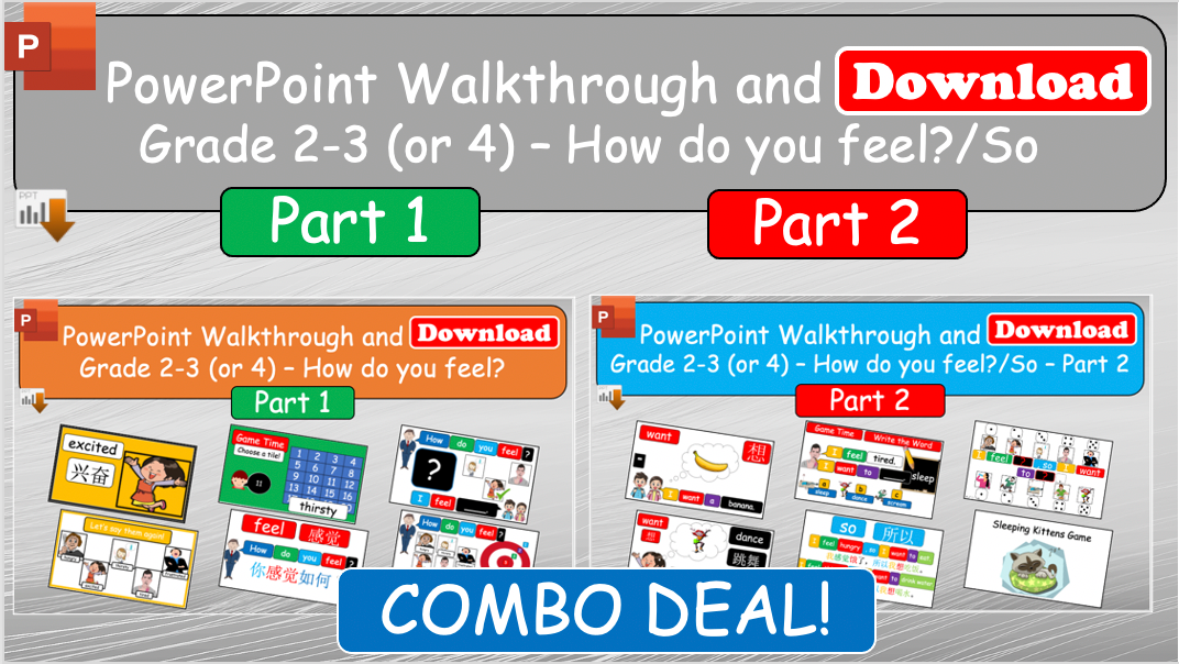 Grade 2-3 (or 4) - ESL Lesson - How do you feel? Part 1 and 2 COMBO Deal - 2 PowerPoints Lessons