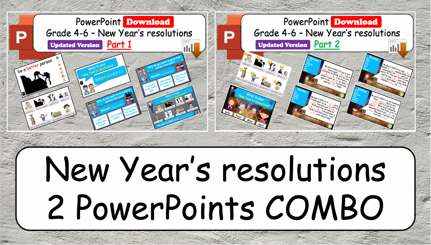 Grade 4-6 - ESL Lesson - New Year's resolutions - Part 1 and 2 COMBO Deal - 2 PowerPoint Lessons
