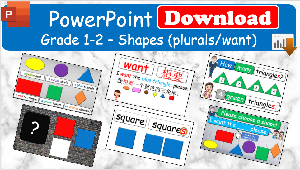 Grade 1-2 - ESL Lesson - Shapes (plurals/want) - PowerPoint Lesson