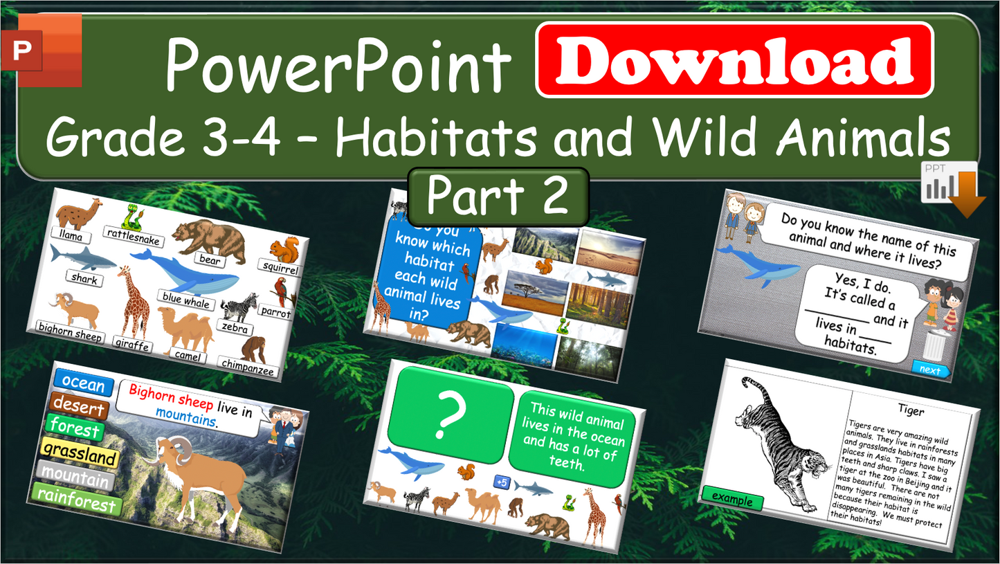 Grade 3-4 - ESL Lesson - Habitats and Wild Animals - Part 1 and 2 - 2 PowerPoints COMBO