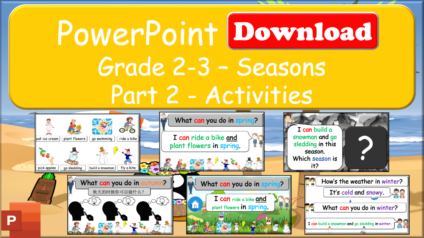 Grade 1-3 - ESL Lesson - Seasons - Part 1 and 2 (Weather/Activities) COMBO - PowerPoint Lessons
