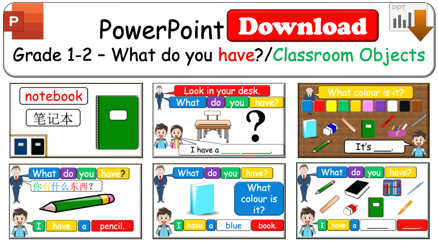 Grade 1-2 - ESL Lesson - What's your favourite colour? / What do you have? Classroom Objects - 2 PowerPoint COMBO