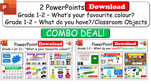 Grade 1-2 - ESL Lesson - What's your favourite colour? / What do you have? Classroom Objects - 2 PowerPoint COMBO