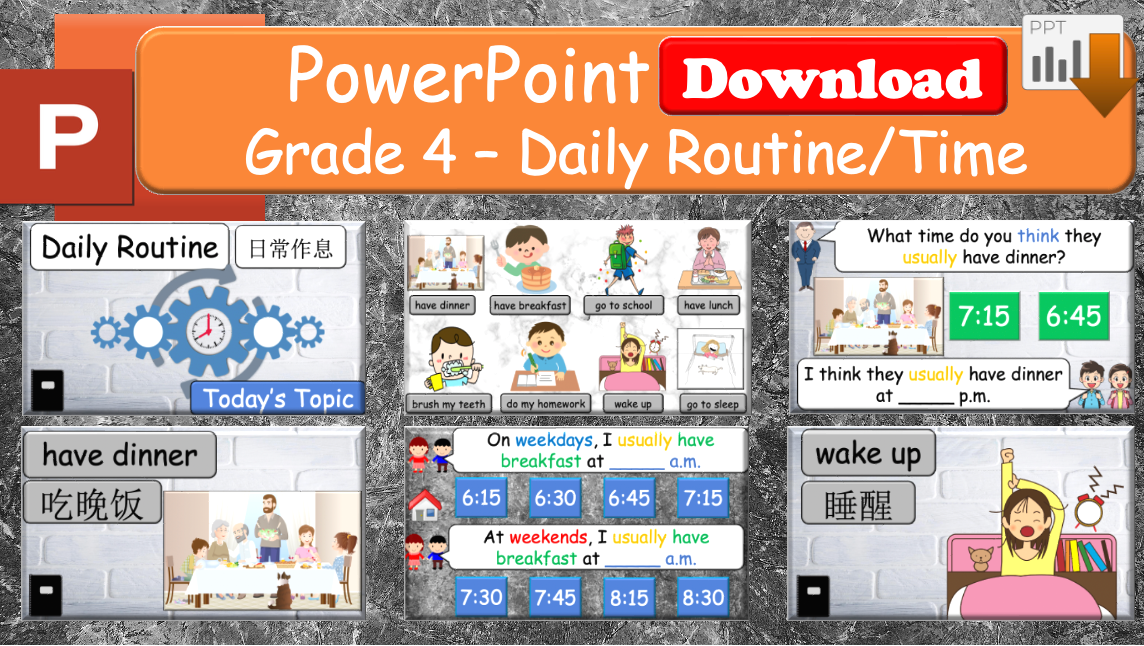 Grade 4 - ESL Lesson - What time is it? (Harder Version) / Daily Routine - COMBO Deal - 2 PowerPoints