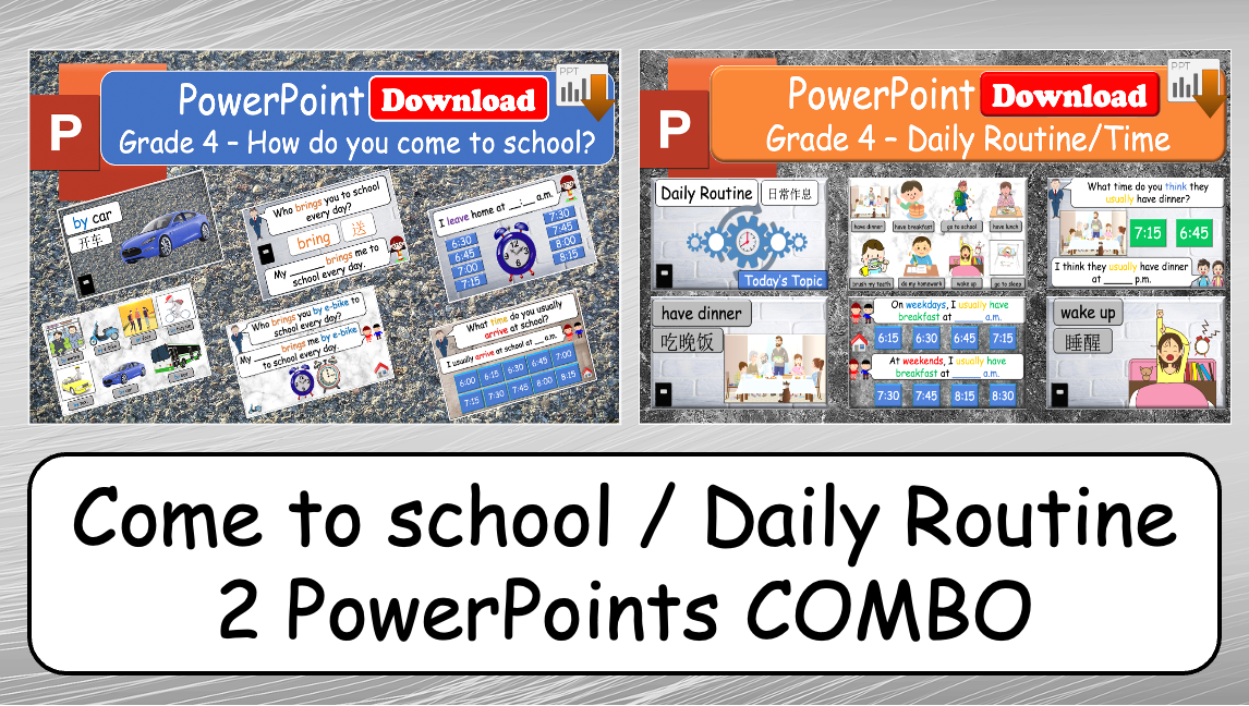 Grade 4 - ESL Lesson - What time is it? (Harder Version) / Daily Routine - COMBO Deal - 2 PowerPoints