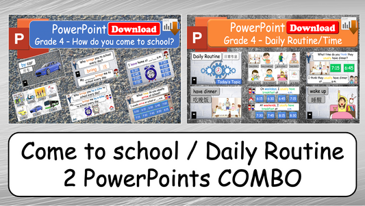 Grade 4 - ESL Lesson - What time is it? (Harder Version) / Daily Routine - COMBO Deal - 2 PowerPoints