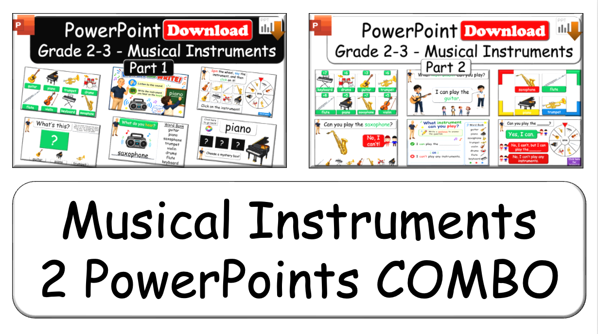 Grade 2-3 - ESL Lesson - Musical Instruments - Part 1 and 2 Combo