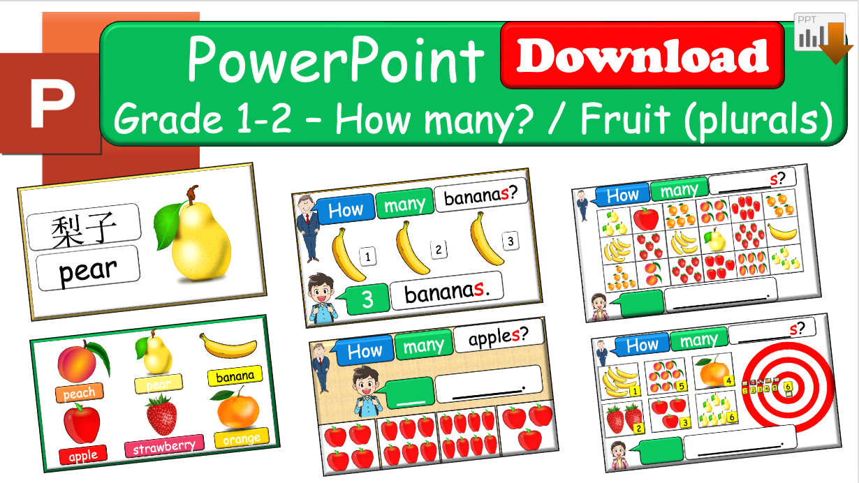 Grade 1-2 - ESL Lesson - How many? / Fruit and Plurals - PowerPoint Lesson