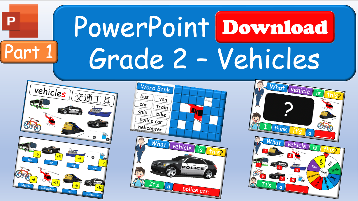 Grade 2  - ESL Lesson - Vehicles - Part 1 and 2 - Sounds - What can you hear? - COMBO - PowerPoint Lessons