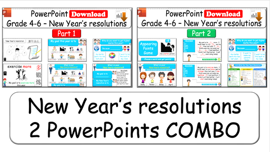 Grade 4-6 - ESL Lesson - New Year's resolutions - Part 1 and 2 COMBO Deal - 2 PowerPoint Lessons